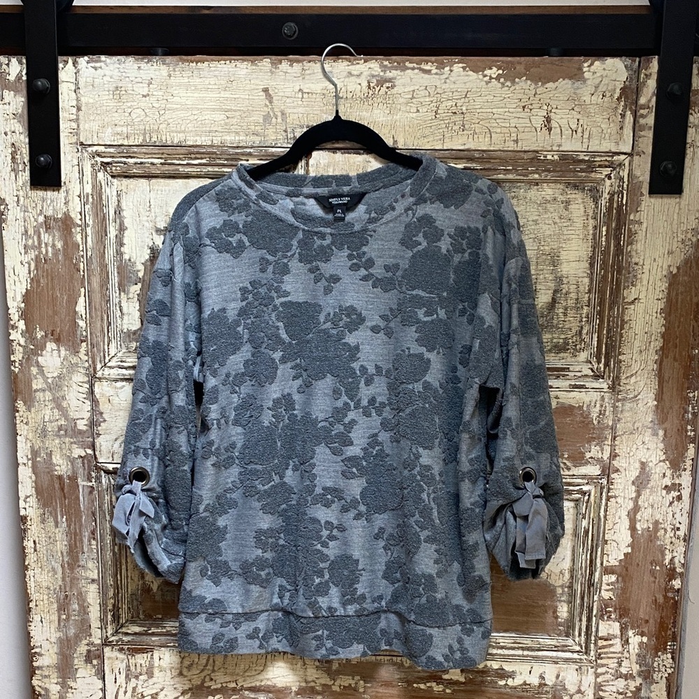 Vintage Gray Floral Burnout Sweatshirt, 3/4 Sleeves, Size PL